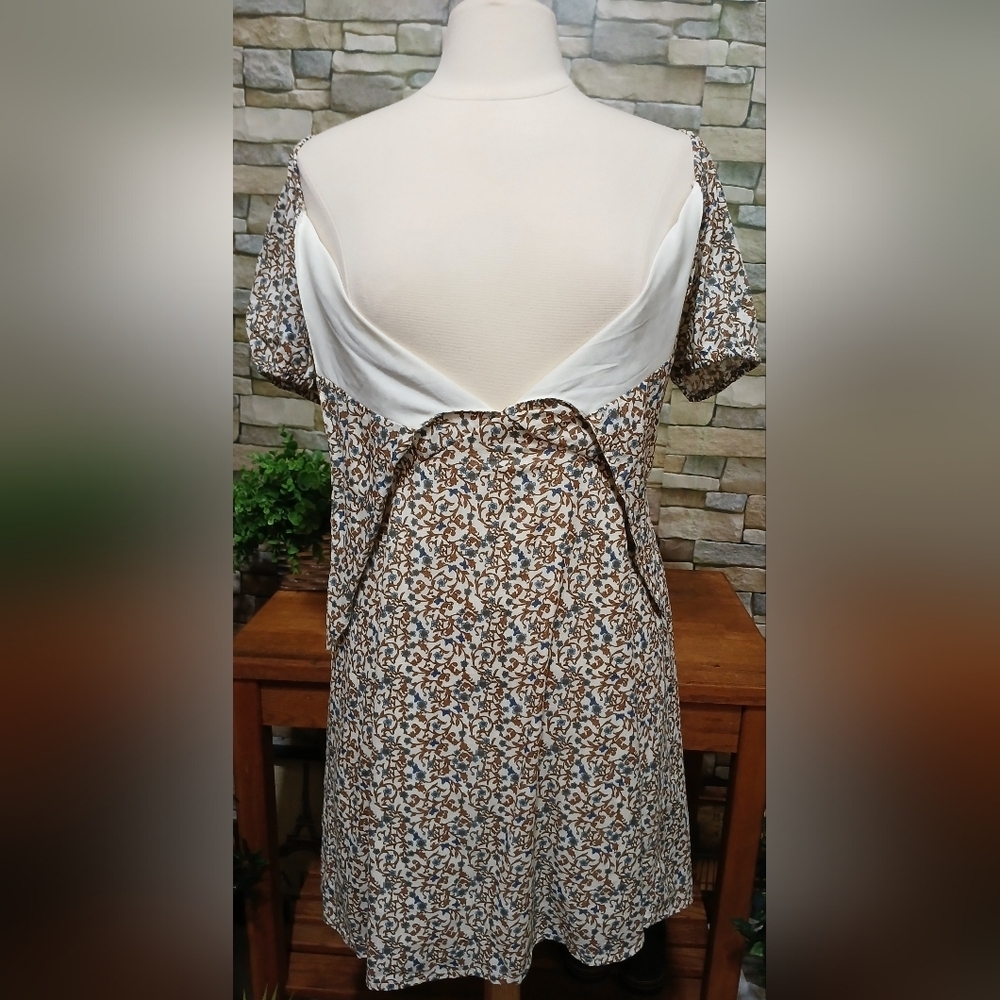 Jessica Simpson Brown Tan Floral Puff Sleeve Mini Sundress XL - Picture 2 of 5